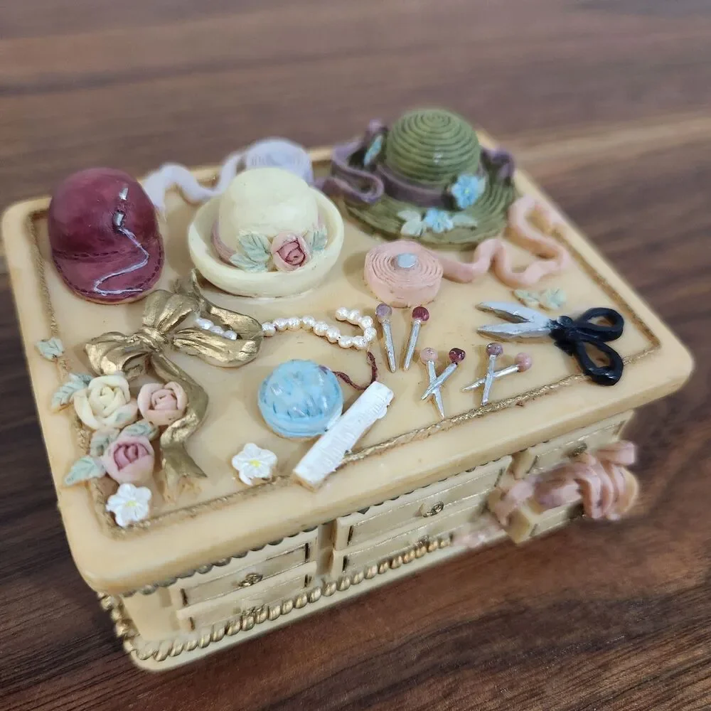 Dezine Vintage 1995 Hand Painted 3D Embossed Trinket Box Victorian Ribbons Hats